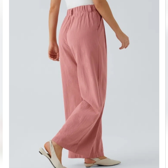 High Waisted Pocket Wide Leg Flowy Solid Palazzo Casual Linen-Feel Pants - Picture 5 of 12
